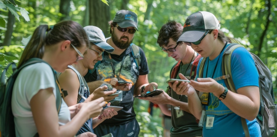 Illustrate the sense of community and camaraderie among geocachers on International Geocaching Day with photos of meetups, events, and group outings where enthusiasts share tips, swap stories, and embark on geocaching adventures together, fostering connections and friendships within the geocaching community. --ar 3:2 --style raw Job ID: fb0a5ea9-df5e-403d-ad76-5306aa650103